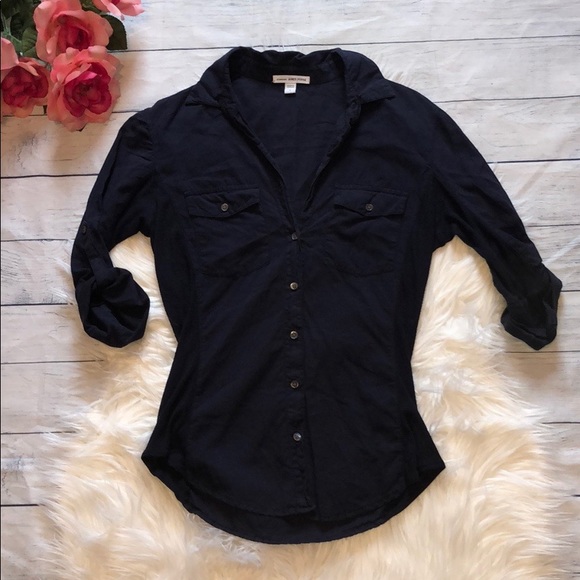 James Perse Navy Slub Side Panel Button Down Shirt - Picture 2 of 8